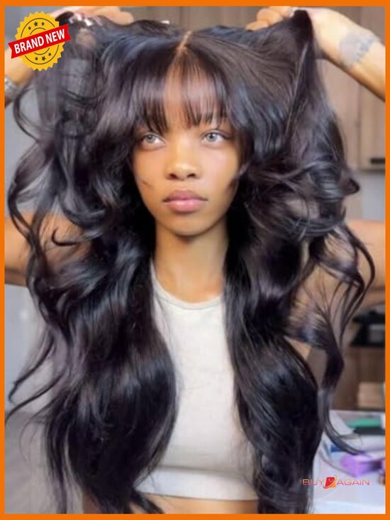 Glueless Body Wave Wig with Curtain Bangs 7x5 Lace Front 180% Density